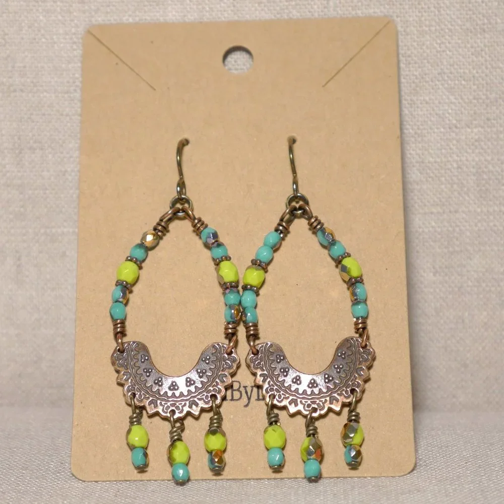 Hand Crafted Handmade Earrings Turquoise and Lime Copper Chandelier Earr… - Picture 2 of 4